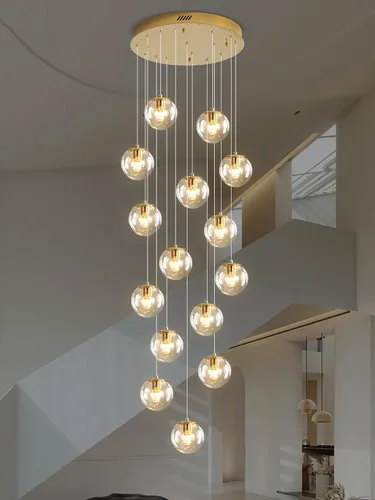 Miniatura 18 de ykolupty Escalera LED de 10 luces LED moderna con globo de cristal, lámpara colgante grande para techos altos, accesorios de iluminación de entrada