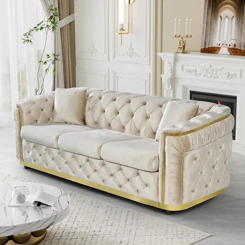 Miniatura 19 de DAMAIFROM Juego de sofá de terciopelo de lujo beige y dorado, moderno de mediados de siglo, sofás Chesterfield copetudos y patas doradas, juego de 2