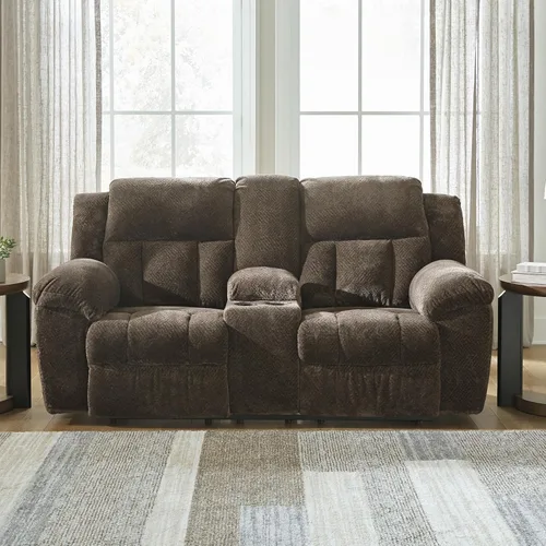Miniatura 2 de Signature Design by Ashley Frohn - Sofá biplaza reclinable doble manual moderno con consola, almacenamiento y portavasos, color marrón oscuro Gris