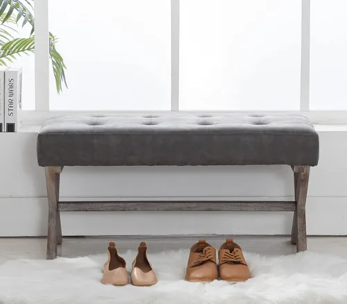 Miniatura 3 de chairus Banco de entrada tapizado de piel sintética, asiento de banco de dormitorio de 36 pulgadas con patas de madera en forma de X para sala