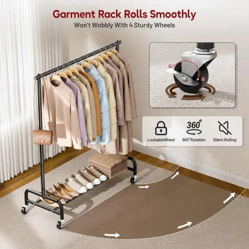 Miniatura 4 de SLEEPING LAMB Percheros de ropa resistentes para colgar ropa, 43 pulgadas de ancho, perchero de ropa rodante de metal con ruedas, perchero de Negro