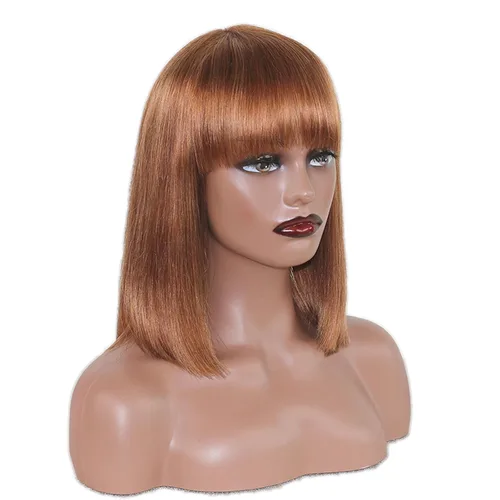 Miniatura 12 de Peluca de cabello humano lacio rubio 613 de 15 pulgadas con flequillo, sin pegamento, sin encaje frontal, Yaki Bob para mujer