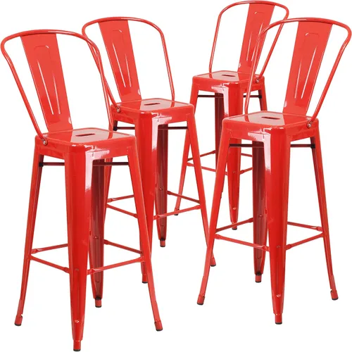 Miniatura 3 de EMMA + OLIVER Paquete de 4 taburetes de bar de metal rojo de 30 pulgadas de alto para interiores y exteriores con respaldo, muebles de cocina