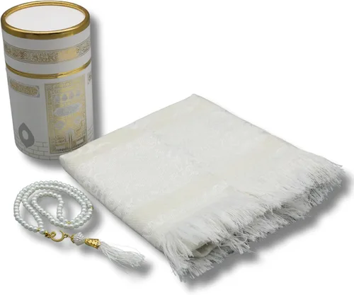Miniatura 4 de Juego de alfombra de oración musulmana y rosario con caja de regalo de Kaaba, juego de regalos islámicos, Janamaz, Sajadah, blanco CRK02