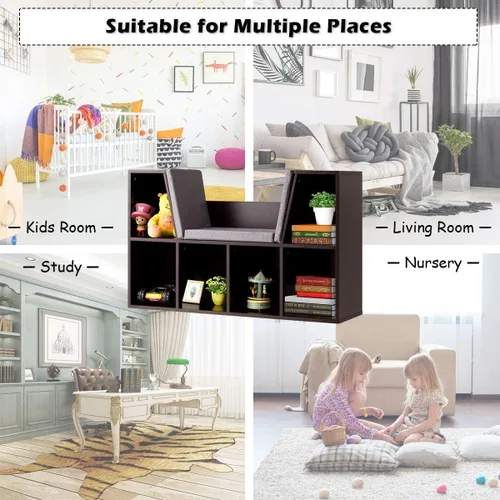 Miniatura 7 de Costzon Estantería infantil con rincón de lectura, estantería de 6 cubos con cojín de asiento suave, organizador de almacenamiento de juguetes