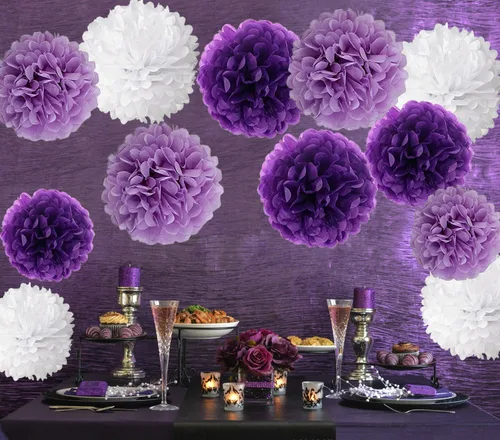 Miniatura 4 de Decoraciones de cumpleaños, banderines con pompones de papel de seda y decoración de remolinos colgantes para fiesta, morado, lavanda y blanco