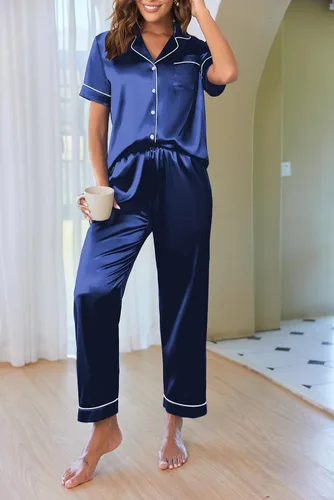 Miniatura 2 de Ekouaer Conjunto de pijama de satén de seda para mujer, ropa de dormir de dos piezas, ropa de dormir de manga corta, suave, con botones
