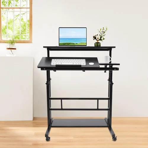 Escritorio móvil de pie ajustable para laptop con ruedas, carrito de almacenamiento para estar de pie o sentado, para estación de trabajo de oficina