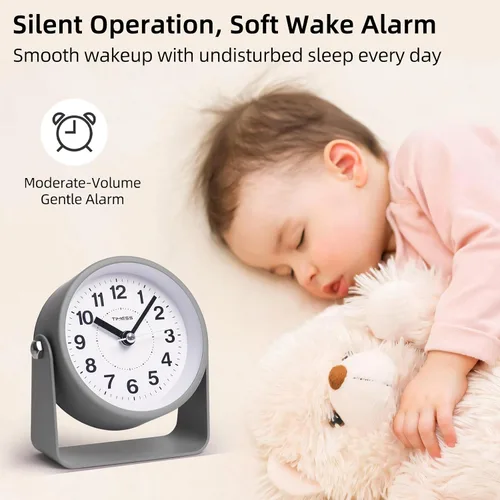 Miniatura 6 de Reloj de alarma analógico, silencioso, de movimiento de cuarzo sin tictac, funciona con pilas, con función de repetición y luz bajo demanda, fácil