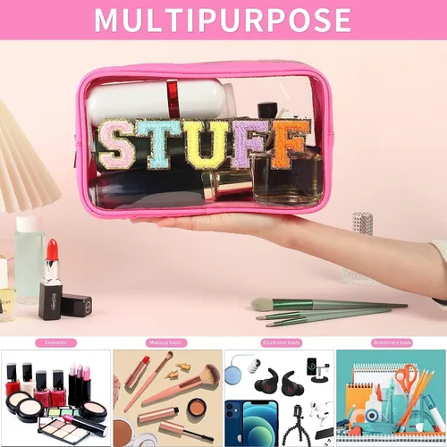 Miniatura 4 de Bolsa de maquillaje grande con letras de felpilla transparente para viajes, playa, bolsa de cosméticos con purpurina transparente, bolsa de Negro