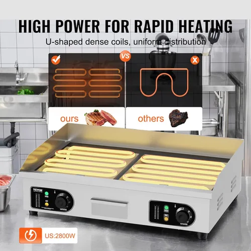 Miniatura 3 de VEVOR Plancha Eléctrica Comercial, Parrilla Plana de Encimera de 2800W, Temperatura Ajustable de 122℉-572℉, Parrilla de Acero Inoxidable de 29