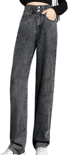 Miniatura 2 de DGHM-JLMY Pantalones de mezclilla sueltos de cintura alta para mujer, pantalones de mezclilla rectos desgastados, holgados y casuales de cintura alta