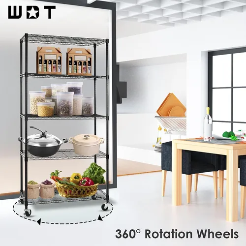 Miniatura 4 de WDT Estantería de 5 estantes sobre ruedas, estante ajustable de metal resistente, estante de almacenamiento de alambre para oficina en casa, garaje
