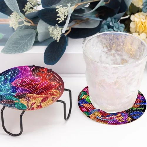 Miniatura 5 de 8 piezas de posavasos de arte de diamante con soporte, posavasos de arte de diamante DIY con flores de peonía y rosa de aceite para bebidas, kits