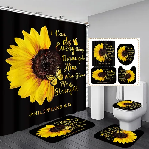 Miniatura 9 de AZHM Juego de 4 cortinas de ducha de girasol con alfombras You are My Sunshine, juego de cortinas de baño con 12 ganchos