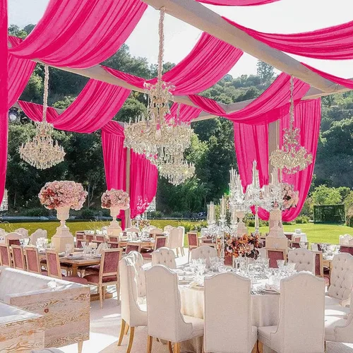 MODFUNS Cortinas de techo para decoración de boda, 6 paneles, 5 x 10 pies, color rosa intenso, tela drapeada de gasa, cortinas semitransparentes