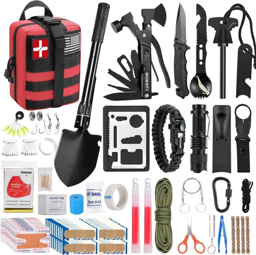 Kit de supervivencia y de primeros auxilios, equipo de supervivencia profesional con bolsa de transporte para hombre, padre, esposo que gusten Rojo