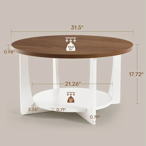 Miniatura 2 de BECHAEO Mesa de centro redonda de 31.5 pulgadas con patas de pino de madera maciza, mesa de centro rústica de 2 niveles con estante
