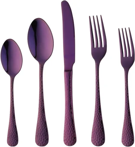 Purple - Juego de cubiertos martillados de acero inoxidable 18/8, 20 piezas, de alta calidad, de acero inoxidable 18/8, cubiertos de 4, pulido de