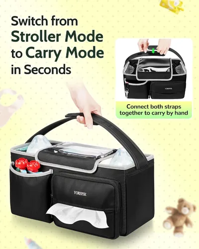 Miniatura 7 de YOREPEK Organizador de cochecito espacioso para UPPAbaby Vista/Minu/Cruz, organizador ajustable con 2 portavasos aislados, bolsa de cochecito fácil