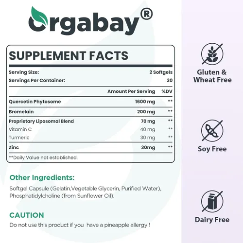 Miniatura 6 de Orgabay Fitosoma liposomal de quercetina 1600 mg,Bromelina 200mg,Zinc 30mg,Vitamina C cúrcuma 40 mg,La absorción más alta,Complejo de quercetina