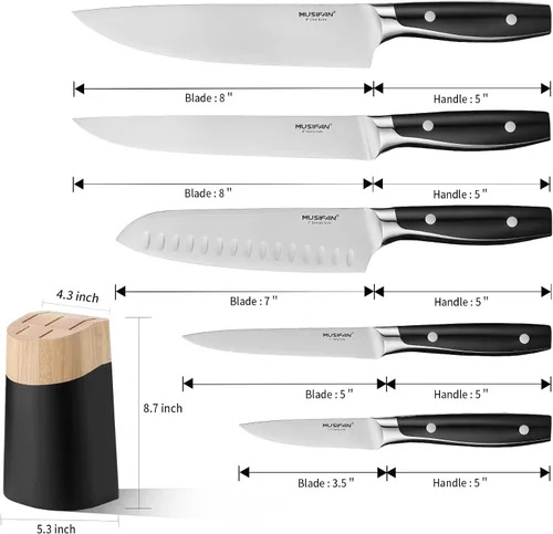 Miniatura 10 de Juego de 6 piezas de bloques de cuchillos, juego de cuchillos de cocina de acero inoxidable con bloque – Cuchillos negros de alto carbono, apto