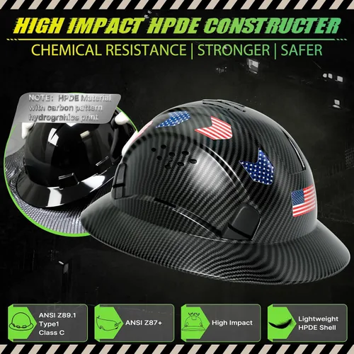 Miniatura 2 de Casco duro de ala completa con patrón de fibra de carbono con visera, casco de seguridad de construcción aprobado por la OSHA para hombres y Fibra