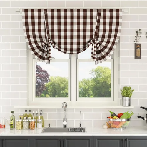 Miniatura 216 de Cenefas de cortina para ventana de 16 pulgadas de largo, 2 paneles de cuadros búfalo, cortinas pequeñas con bolsillo para barra, estilo clásico