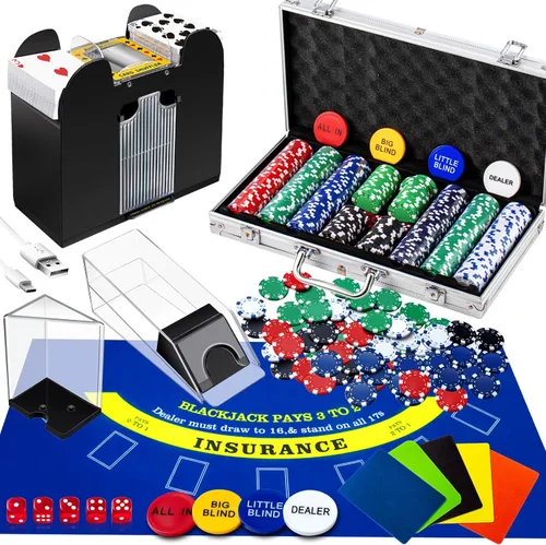 Miniatura 7 de Aoriher Juego de Blackjack Casino, incluye 300 fichas de póquer, fieltro de casino, 1 barajador automático de tarjetas de 6 barajas, bandeja de Verde