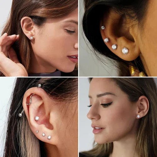 Miniatura 7 de Juego de 6 pares de aretes tipo dormilona hipoalergénicos con circonita cúbica de acero inoxidable 316L, 0.118-0.315 in