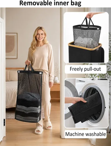 Miniatura 4 de iEGrow Cesto para la ropa sucia con tapa, cesta grande para la ropa sucia de 110 litros con asa y tapa, organizador de ropa plegable con bolsa Negro