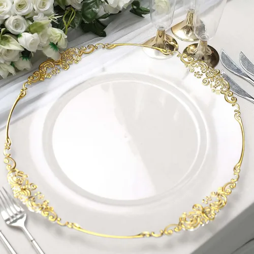 Miniatura 4 de Tableclothsfactory Paquete de 6 platos barrocos redondos de oro transparente de 13 pulgadas, borde en relieve de hojas para decoración de mesa
