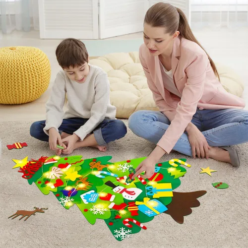 Miniatura 6 de EMPOF Árbol de Navidad de fieltro para niños pequeños - Juego de árbol de fieltro de bricolaje de 1 m con luces de copos de nieve + 32 adornos, Luz