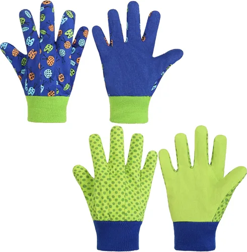 HANDLANDY 2 pares de guantes de jardinería para niños, niñas y niños, guantes de trabajo de jardín (mariquita verde y puntos, M)