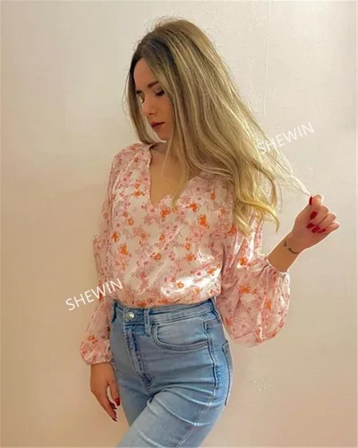 Miniatura 3 de SHEWIN - Blusas casuales, holgadas, de estilo bohemio, mangas largas, con cuello en V y estampado floral para mujer