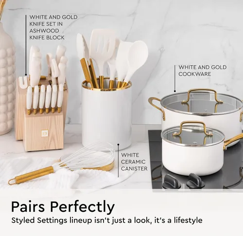 Miniatura 4 de Juego de utensilios de cocina dorados – 6 piezas de silicona blanca y utensilios de cocina dorados con espátula, batidor, pinzas, cucharas, Blanco
