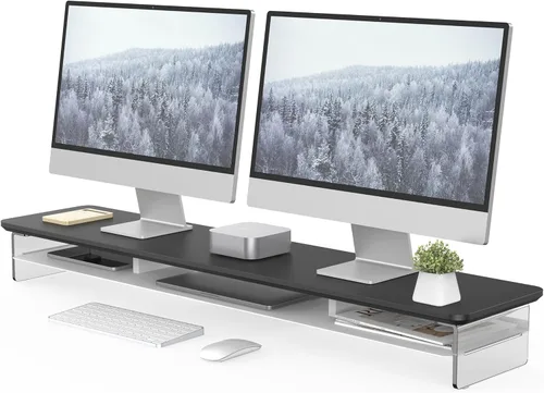 Miniatura 9 de Fenge Soporte Elevador de Monitor de Acrílico, Soporte de Monitor Dual de 42.5 Pulgadas con Almacenamiento de Metal, Elevador de Computadora de Roble