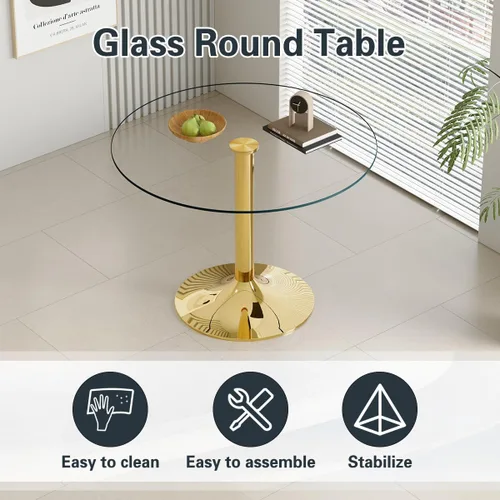 Miniatura 4 de gopop Mesa de comedor de vidrio de 35 pulgadas, mesa de cocina redonda con vidrio templado de 0.3 pulgadas y patas de metal cromado dorado, fácil