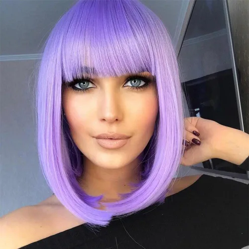 AISI BEAUTY - Peluca violeta con flequillo, peluca con cabello corto y lacio para mujer, peluca sintética de 12 pulgadas para fiesta, cosplay Púrpura
