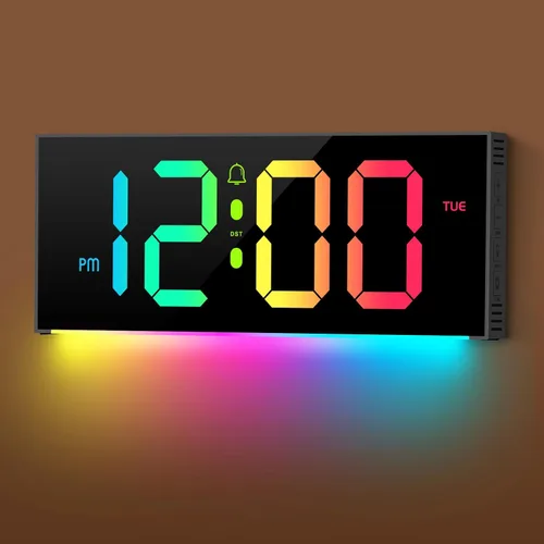 Reloj de pared digital grande de 12", reloj digital con pantalla completa, control remoto de cambio de 12 colores RGB, DST, reloj de pared con luces