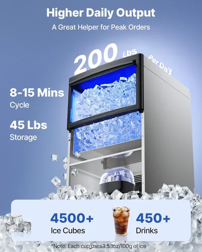 Miniatura 2 de VEVOR Máquina comercial para hacer hielo, 200 libras/24 horas con capacidad de almacenamiento de 50 libras, integrada/independiente/debajo