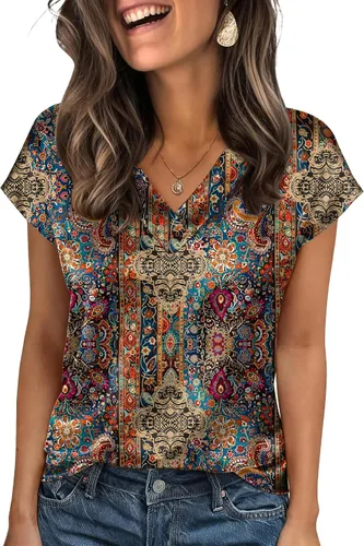 Miniatura 22 de Zeagoo - Camisetas de mujer de satén de seda, tops de manga corta con cuello en V, blusas para negocios y conjuntos casuales, talla S-2XL