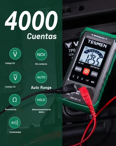 Miniatura 2 de Multímetro digital TM-510, 4000 cuentas, medición inteligente, voltímetro de rango automático; probador de voltaje con función de voltaje sin