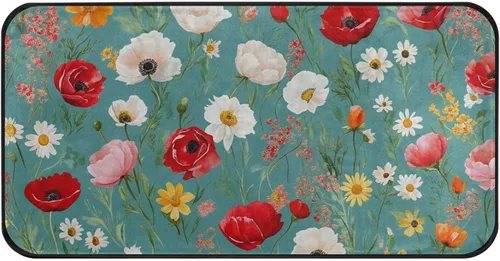 Gredecor Alfombra de cocina verde azulado con diseño de racimo de flores, antideslizante, lavable, rústica, alfombra para el hogar, cocina, oficina,