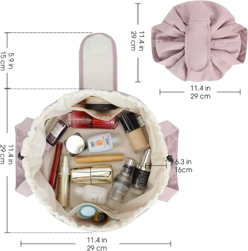 Miniatura 6 de Bolsa de maquillaje con cordón en forma de barril, bolsa grande de cosméticos, organizador de artículos de tocador para mujeres, Rosa polvoriento