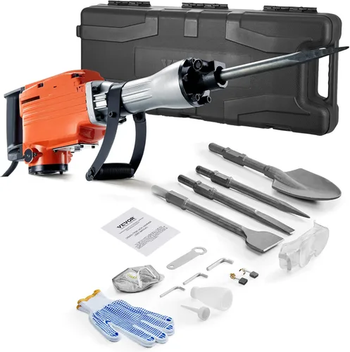Miniatura 10 de VEVOR Martillo de demolición Jack Hammer, Martillo eléctrico MAX 2200W de alta resistencia, rompedor de hormigón de 1400 BPM, 4 piezas de cinceles