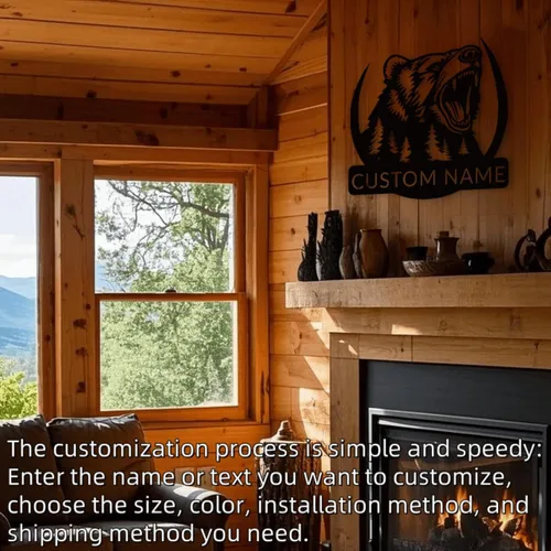 Miniatura 4 de Arte de pared de metal con oso grizzly de bosque, letreros personalizados con nombre de oso rugiente, decoración de pared personalizada de cabaña
