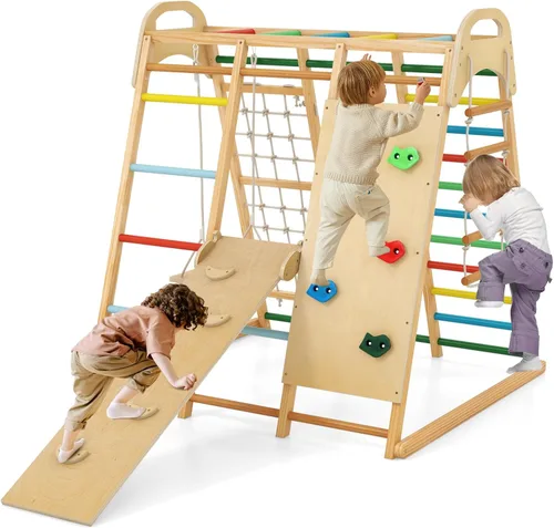 INFANS Gimnasio de la selva para interiores, juego de escalada para interiores Montessori de 8 en 1 para niños, juego de madera para escaladores