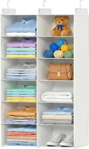 Miniatura 8 de ALLTIDYUP Organizador de Armario Colgante de 5 Estantes – Organizador de Ropa Plegable de Doble Fila con 3 Ganchos, Organizador de Armario y Gris