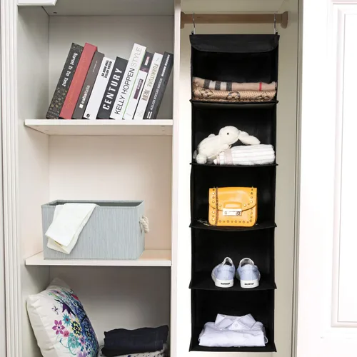 Miniatura 5 de BrilliantJo Paquete de 2 organizadores colgantes para armario, 5 estantes con 6 bolsillos laterales para ropa y zapatos, 43 x 12 x 12 pulgadas 5
